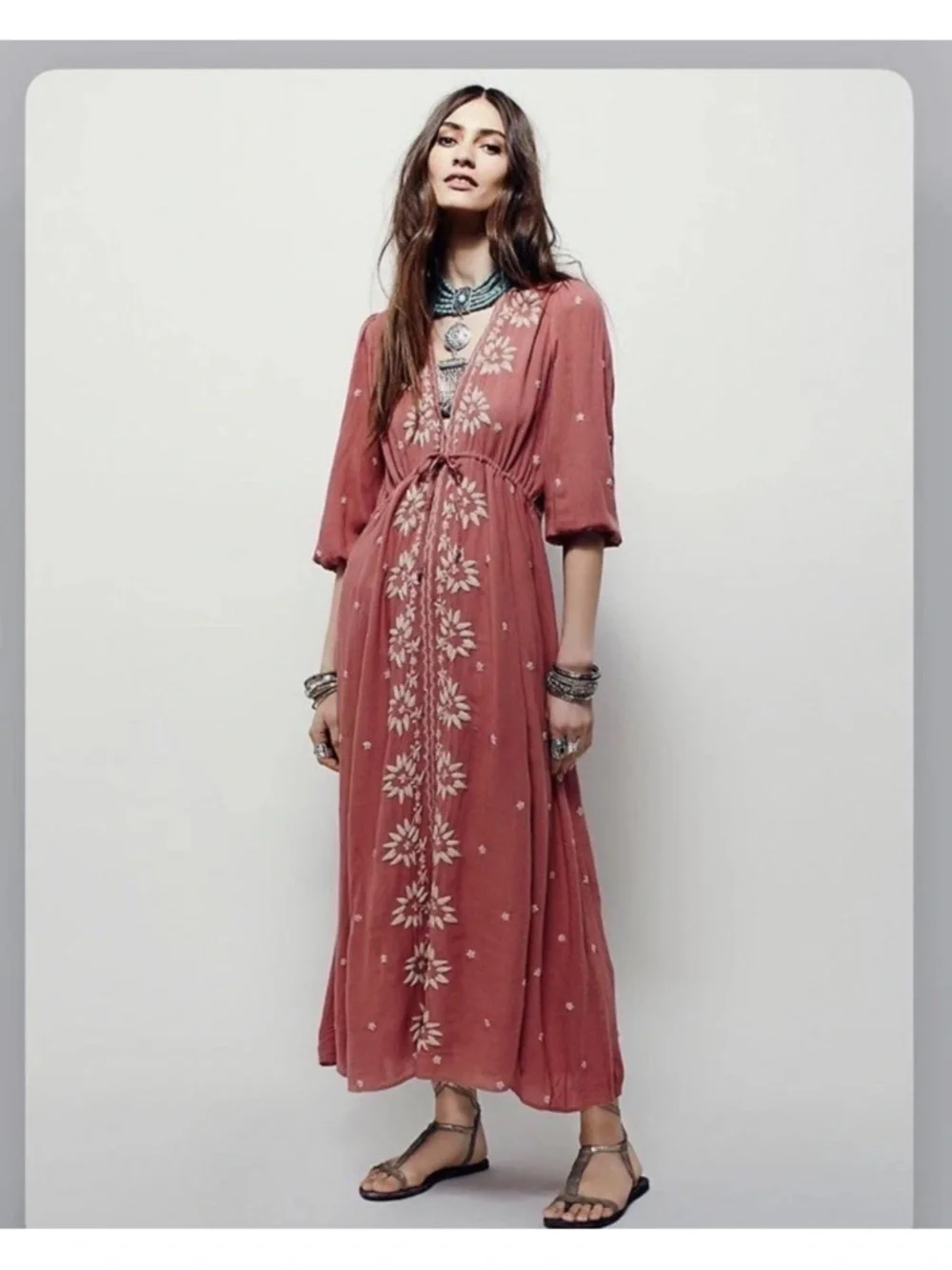 Free People Embroidered Fable Midi Dress Medium Viscose Rose Pink Boho - Picture 2 of 10